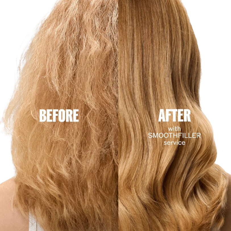Vorher-nachher Ergebnis des Smoothfiller Anti-Frizz Treatments bei Friseur Hollywood Wien – glattes, geschmeidiges Haar